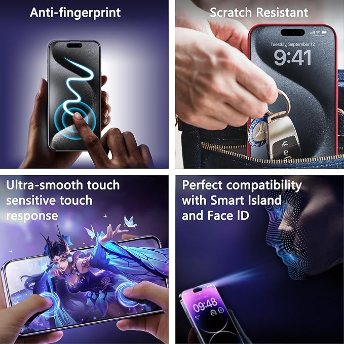 2 Pack Privacy Screen Protector for iPhone 16 Pro, 9H Tempered Glass, Full Coverage,Anti-Fingerprint, Auto Dust-Elimination, No Bubble, Easy Installation