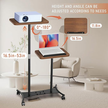 2 Shelves Projector Stand, Mobile Laptop Cart on Wheels Projector Stand Adjustable Height 20 to 53 Inches, Overbed Table with 5 Lockable Casters, Rolling Laptop Floor Stand for Couch