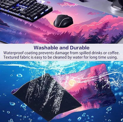 Sunset Mountain Scenic XXL Extended Mouse Pad, Fuji Mountain Large Laptop Pad, Waterproof, Non Slip, Game Office Sewn Table Pad 35.4 x 15.7 x 0.12 Inches