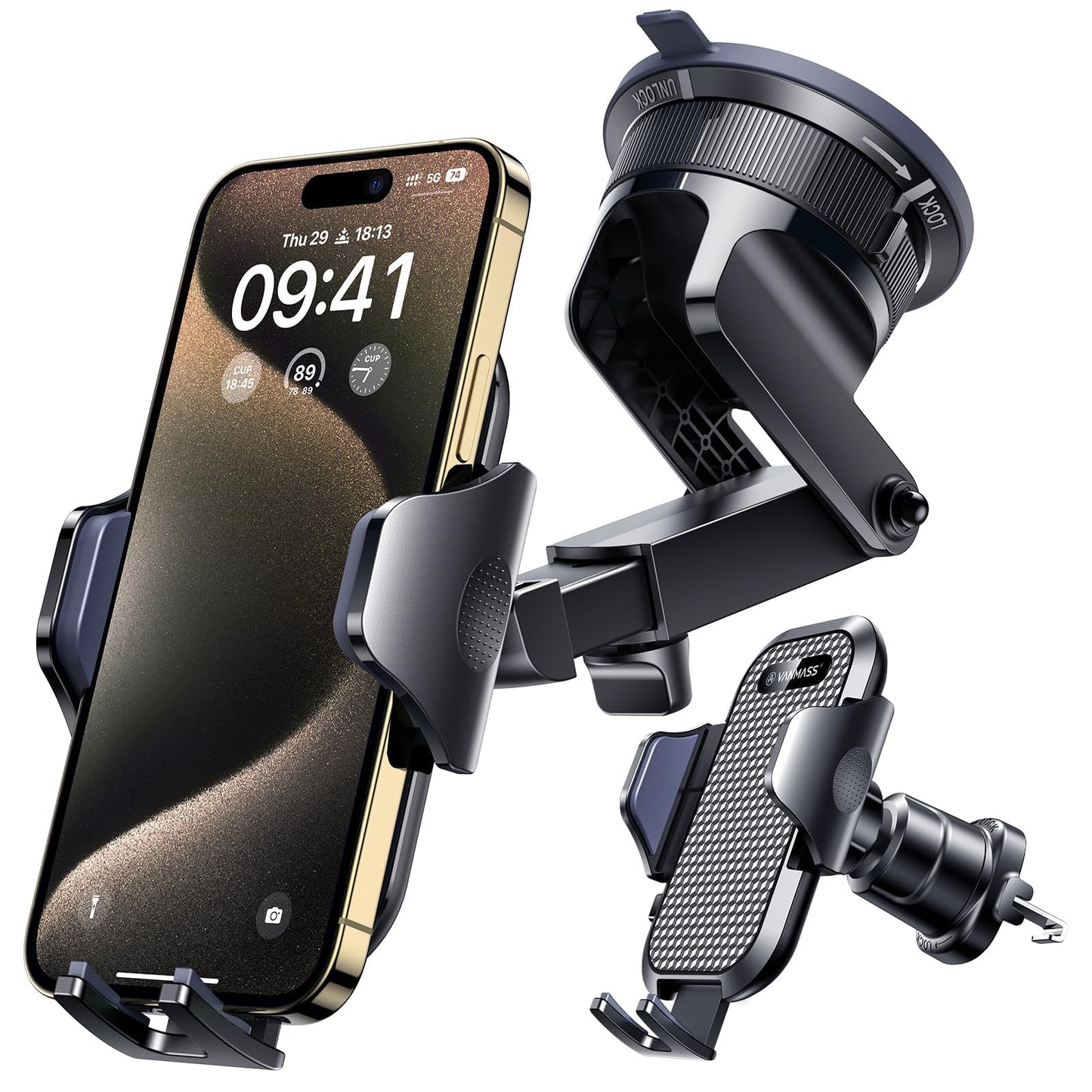 [True Military-Grade] Car Phone Holder VANMASS [Upgraded Strongest Suction&Clip] Cell Phone Mount for Dashboard Windshield Vent Kit, Truck Cradle Stand for iPhone 17 Pro Max 16 15 14 Android,Ink Black
