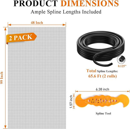 2PACK MAGZO Window&Door Screen Replacement Kit, 48''W x 99''L, with Retainer Spline (Total 65.6 FT) and Press-Fit Roller Tool, Polyester Scratch-Proof, Net Roll Repair for Sliding/House Windows, Black