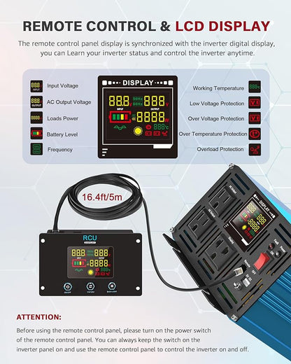 2000 Watt Inverter Pure Sine Wave DC 24V to 110V/120V AC Power Inverters with 3 AC Charger Outlets Car Solar Converter for Vehicles Home with LCD Display and 2.4A USB Charging Port