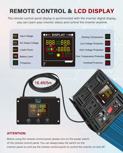 2000 Watt Inverter Pure Sine Wave DC 24V to 110V/120V AC Power Inverters with 3 AC Charger Outlets Car Solar Converter for Vehicles Home with LCD Display and 2.4A USB Charging Port
