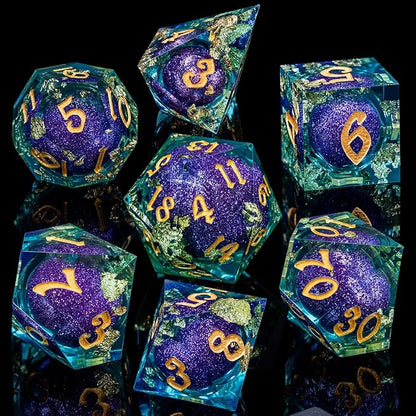 ARUOHHA Liquid Core DND Dice Set, 7pcs Resin Sharp Edged Dragons Dice RPG Role Playing Games, Purple Blue Polyhedral Dungeons D and D Dice with Gift Box D20 D12 D10 D8 D6 D4