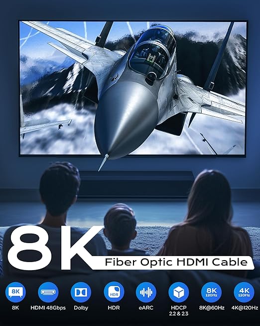Fiber Optic HDMI Cable 65FT/20M Long - 8K 48Gbps High Speed HDMI Cord/CL2/8K 60Hz/4K 120Hz,HDCP 2.2&2.3,HDR10 - Compatible with HDTV/Monitor/Projector