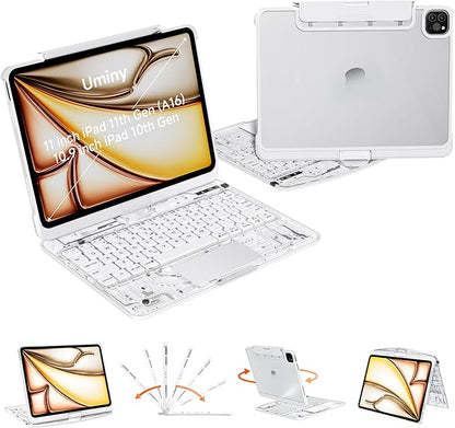 iPad Keyboard Case for iPad 10th Gen (2022) & 11th (A16, 2025), Magic Wireless Keyboard with Trackpad 7 Color Backlit, 360° Rotating Stand Transparent Protective Cover with Pencil Holder (White)