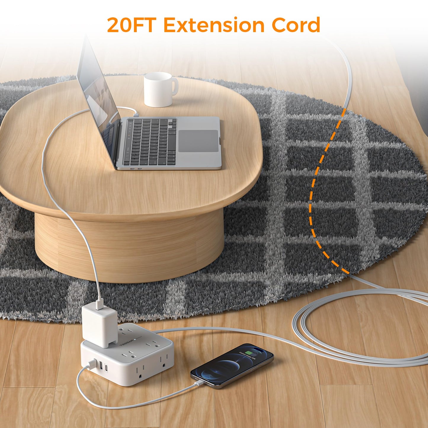 TESSAN Surge Protector Power Strip, 20 Ft Flat Plug Extension Cord with 3 USB (1 USB C) 8 Outlets, 1250W, 900J Protection, 3 Sided Outlet Extender with Power Switch for Office, Dorm Room, Grey