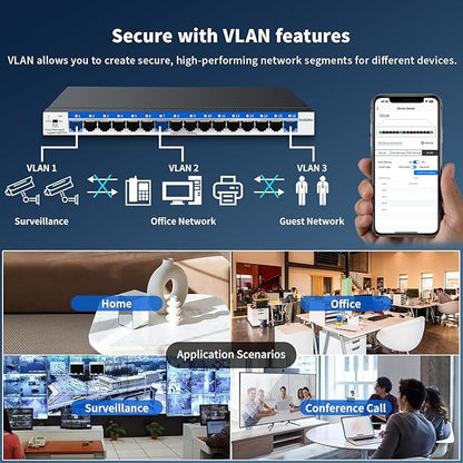16 Port Gigabit Switch, Easy Smart Managed Ethernet Switch, Network Hub, Ethernet Splitter, Plug & Play, Fanless Metal Design, VLAN, Qos, Desktop or Wall Mount