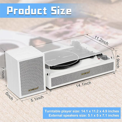 Vinyl Record Player with External Speakers, 3 Speed Vintage Belt Drive Turntable Record Player with Stereo Speakers RCA Audio Out and Aux-in, White Wood