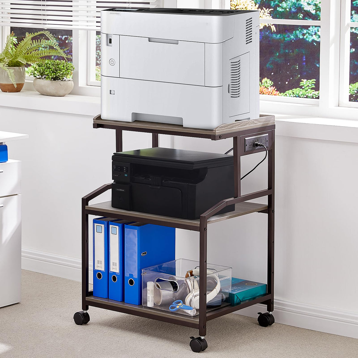Lauren&Harold 34'' Printer Stand with Power Outlets & USB Ports Grey/White