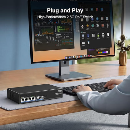 6-Port 2.5G PoE Switch Unmanaged, 4X 2.5GBase-T PoE Ports, 2X 10Gbps SFP, 4 Port PoE Switch 60Gbps Switching Capacity, Support IEEE802.3af/at, Metal Housing, Fanless, Desktop/Wall Mount 2.5Gbe Switch