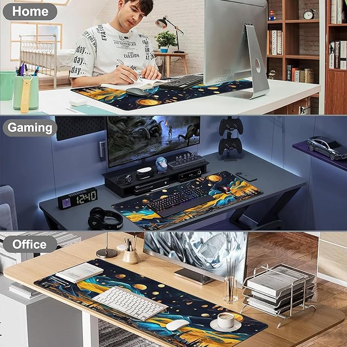The Starry Night Desk Mat,Large Vincent Van Gogh Oil Painting Gaming Keyboard Mouse Pad,Non-Slip Rubber Base Desk Pad Thick Stitched Edges Waterproof Mousepad Mouse Mat 31.5"x11.8"