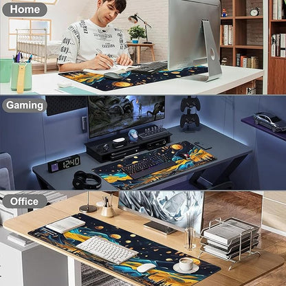 The Starry Night Desk Mat,Large Vincent Van Gogh Oil Painting Gaming Keyboard Mouse Pad,Non-Slip Rubber Base Desk Pad Thick Stitched Edges Waterproof Mousepad Mouse Mat 31.5"x11.8"