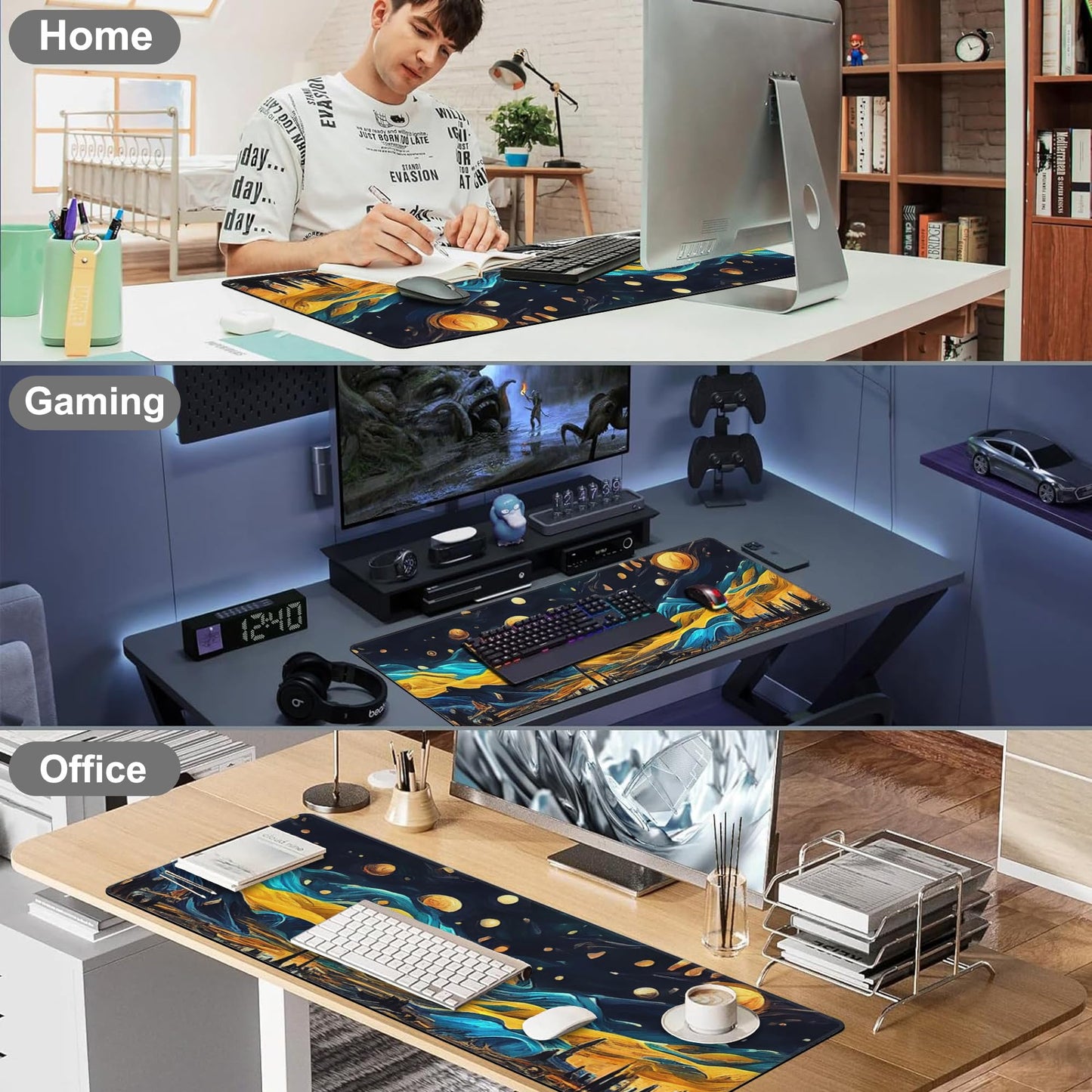 The Starry Night Desk Mat,Large Vincent Van Gogh Oil Painting Gaming Keyboard Mouse Pad,Non-Slip Rubber Base Desk Pad Thick Stitched Edges Waterproof Mousepad Mouse Mat 31.5"x11.8"