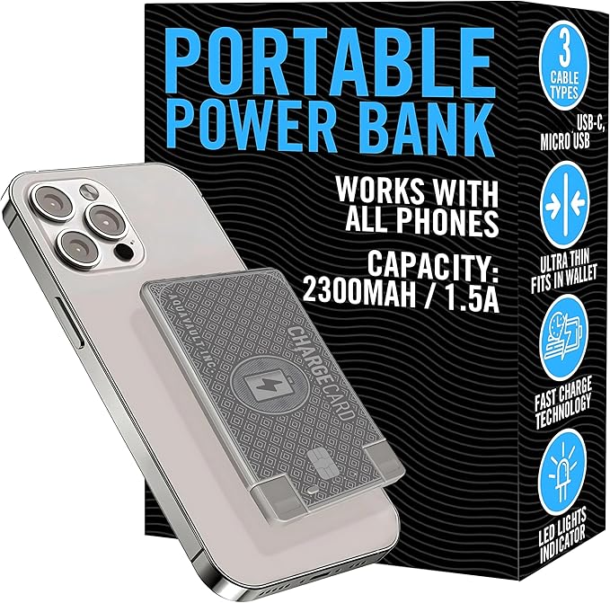 AquaVault ChargeCard – Ultra Slim Emergency Power Bank (2300mAh) – Fits in Wallet – USB-C & Micro-USB – Durable Steel Body – Flight-Safe Pocket Charger for iPhone 16/15/14/13/12, Android - (Platinum)