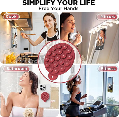 Magnetic Suction Cup Phone Mount for MagSafe Case, Silicone Hands-Free Grip Holder for iPhone and Android, Mirror Shower Phone Stand for Makeup FaceTime Gym Kitchen Bathroom, Deep Red