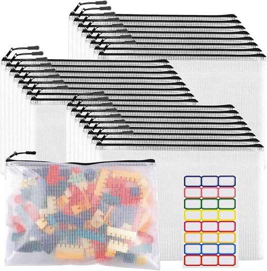 YOPCDJ 24pcs Large Mesh Zipper Pouch File Bags Reusable Zippered Pouches for Organizing Classroom, Board Game Storage, Puzzle Bags Black