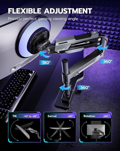 ARES WING Single Monitor Mount, Ultrawide Monitor Arm for 24 to 57 Inch Heavy Duty Curved Screen, Adjustable Gas Spring Monitors Arm Stand up to 66LBS with 75/100/200 Vesa Mount, Black