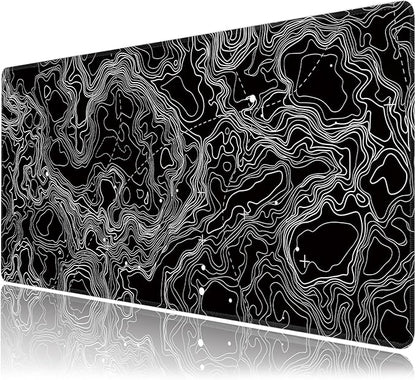 Black with White Topographic Line Large Mouse Pad,Gaming Keyboard Desk Pad,Extended Mouse Mat Non-Slip Rubber Base with Stitched Edges for Office Game Home XXL 35.4"x15.7"