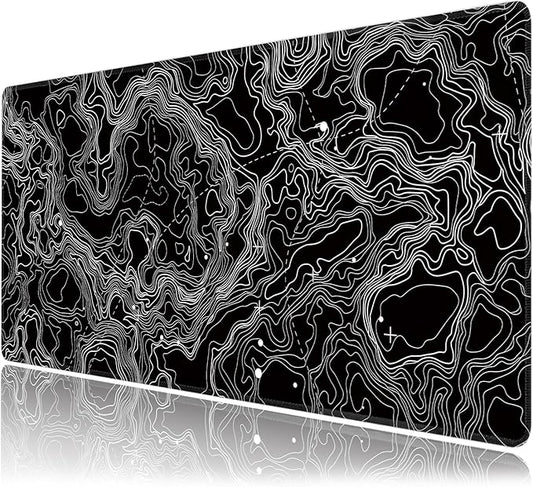 Black with White Topographic Line Large Mouse Pad,Gaming Keyboard Desk Pad,Extended Mouse Mat Non-Slip Rubber Base with Stitched Edges for Office Game Home XXL 35.4"x15.7"