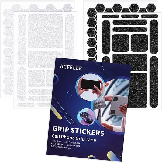 ACFELLE 4Pack Phone Grip Tape, Finger Grip Stickers Decal Waterproof Pre-Cut Non Slip Kit Adhesive Traction for Cell Phone Cases, Handles, Tools (Clear&Black)