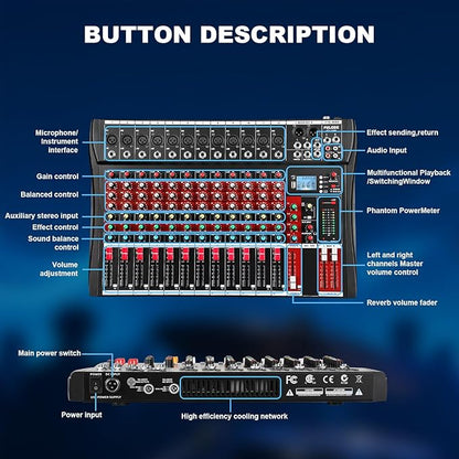12 Channel Audio Mixer, Professional Music Mixer Board DJ Mixing Console with Bluetooth, USB/MP3 Player, Reverb, and 48V Phantom Power for Studio Recording, Karaoke, and Live Performances