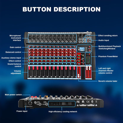 FULODE 12 Channel Audio Mixer, Professional Music Mixer Board DJ Mixing Console with Bluetooth, USB/MP3 Player, Reverb, and 48V Phantom Power for Studio Recording, Karaoke, and Live Performances