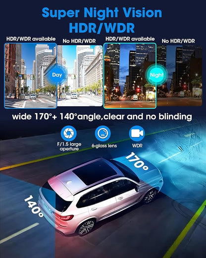 WiFi 4K Rear View Mirror Camera 12" Mirror Dash Cam Front and Rear w 64G TF Card WDR & HDR Night Vision Loop Recording 24H Parking Assistance Rear View Mirror Dash Cam 2160P