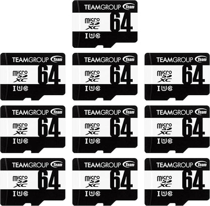 TEAMGROUP Micro 64GB x 10 Pack UHS-I U1 Class 10 SDHC SDXC Read Speed up to 100MB/s High Speed Flash Meomry Card with Adapter for Camera, Surveillance, Full HD Shooting TUSDX64GCL10U66