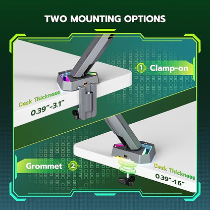 ARES WING RGB Single Monitor Arm Desk Mount for 17-45 inches Flat and Curved Monitors, Holds 35.2 lbs Heavy Duty, Adjustable Ultrawide Monitor Arm with Clamp & Grommet Base, 75/100 VESA Mount, Gray