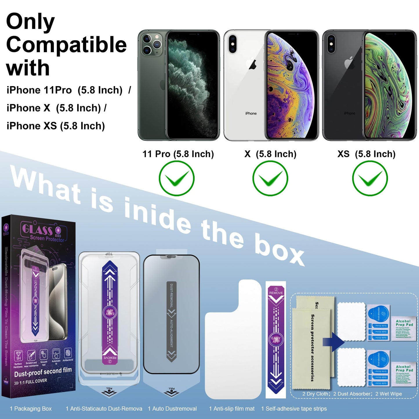 SHANG PIN JIA 2 Pack Matte Screen Protector for iPhone 11 Pro and iPhone xs and iPhone x 5.8-Inch Auto Dust Removal, No Bubbles, Tempered Glass Film, Easy Installation