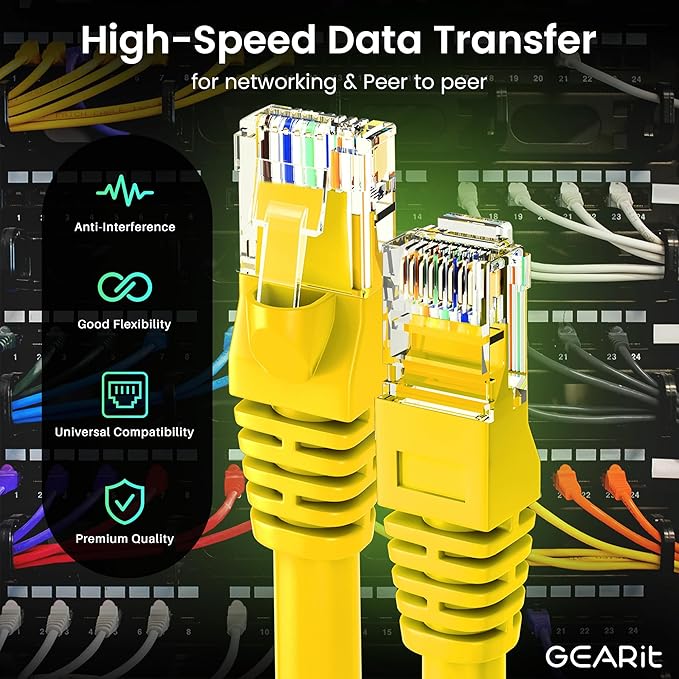 GEARit Cat 6 Ethernet Patch Cable 5 ft Yellow (20 Pack) Cat6 Patch Cables 5ft Yellow/Ethernet Patch Cable, 10Gbps 550MHz 24AWG Pure Copper, Snagless, Gold Plated RJ45 for Router, Server, Router, PC