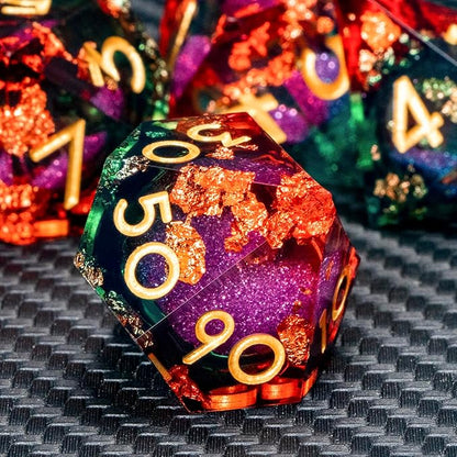 ARUOHHA Liquid Core DND Dice Set, 7pcs Resin Sharp Edged Dragons Dice Compatible with D&D Role Playing Games, RPG Golden Numbers Orange Green Dungeons Polyhedral D and D Dice with Gift Box D20 D10 D6