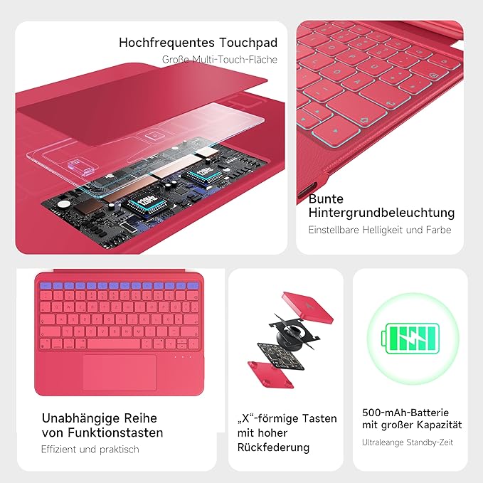 HOU Rotatable Keyboard Case for iPad Air 11 (M3/M2 2025), Magnetic Detachable Case with Keyboard for iPad Pro 11 (4th/3rd/2nd/1st Gen) and iPad Air (6th/5th/4th Gen) with Touchpad, Backlight - Magenta