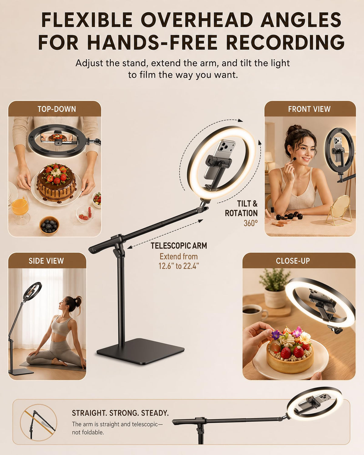 LUXSURE 10" Overhead Ring Light for Desk with Weighted Base, Freestanding Telescopic Phone Mount, Phone Stand with Light & Remote for Video Recording, Cooking, Crafts, Live Streaming