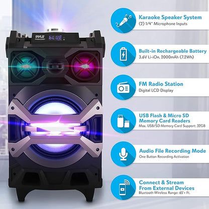 Pyle 500 Watt Portable BT Connectivity Karaoke Speaker System - PA Stereo with 8" Subwoofer, DJ Lights Rechargeable Battery Microphone, Recording Ability, MP3/USB/SD/FM Radio - PWMA325BT