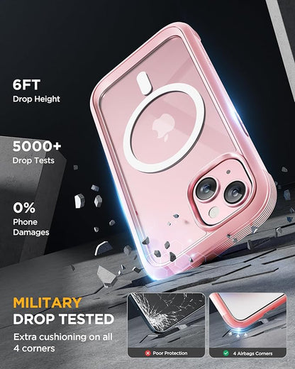 Miracase Glass Series for iPhone 15 Case [Compatible with MagSafe] Full-Body Magnetic Case with Built-in 9H Tempered Glass Anti-Fingerprint Screen Protector + Camera Lens Protector, Baby Pink