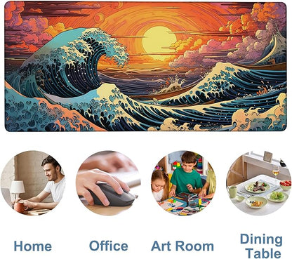 Gaming Desk Pad Large Extra Length Japanese Blue Waves Mouse Pad Keyboard Laptop Non-Slip Waterproof with Rubber Base Thick Stitched Edge Mouse Mat for Office Home 35.4 x 15.7 Inches