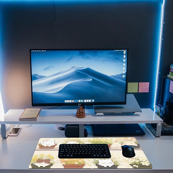 KOAIWPAE Desk Pad, Cute Cat Potted Plant Desk Mat, Anime Kawaii Cat Large Gaming Mouse Pad for Desk, 31.5"x15.7" Extended Big Computer Keyboard Mouse Pad with Non-Slip Base and Stitched Edge