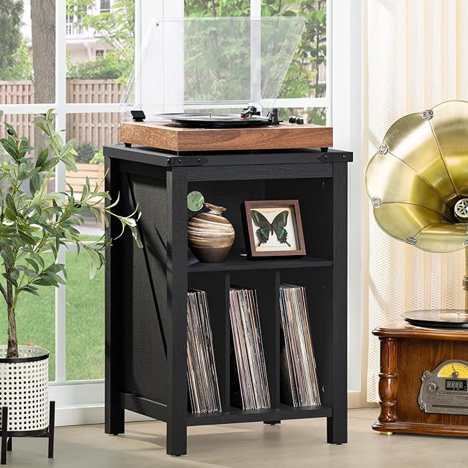 Record Player Stand with Vinyl Record Storage,Black Record Player Table Holds up to 160 Albums,Large Wood Turntable Stand Cabinet Dispaly Shelf for Living Room,Bedroom,Office