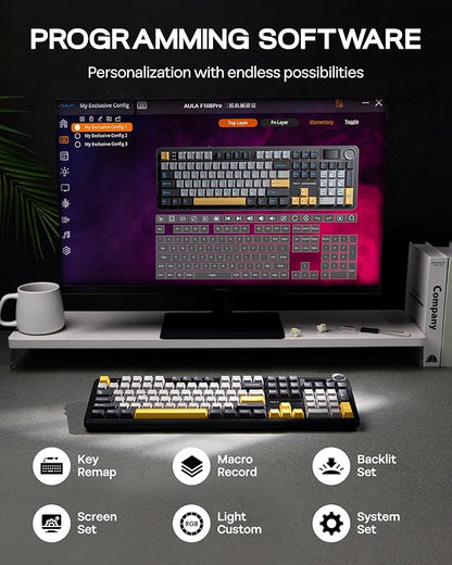 EPOMAKER X Aula F108 PRO Wireless Gaming Keyboard with Screen, 8000mAh Battery, 104 Hot-Swappable and Programmable Keys and Knob, RGB Backlight, for Mac/PC/Android (Grey&Yellow)