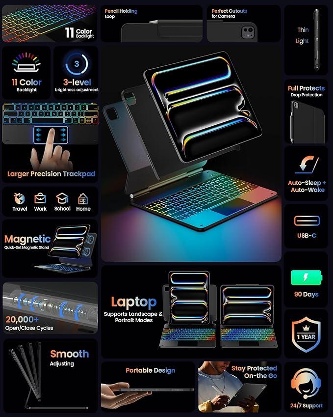 typecase Edge+ Keyboard Case for 2024 iPad Pro 13-inch (M4),Black Keyboard with Litchi Grain Protective Case,Portrait & Typing Modes,Built-in Trackpad,11-Color Backlight,Magnetic Stand,Pencil Holder