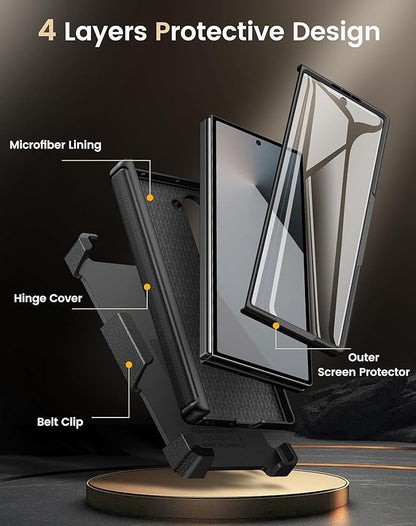 Vihibii for Samsung Galaxy Z Fold 6 Case with Belt Clip Holster & Card Holder & Slide Camera Cover & Hinge Protection & Screen Protector, Shockproof Rugged Wallet Case for Galaxy Z Fold 6, Black