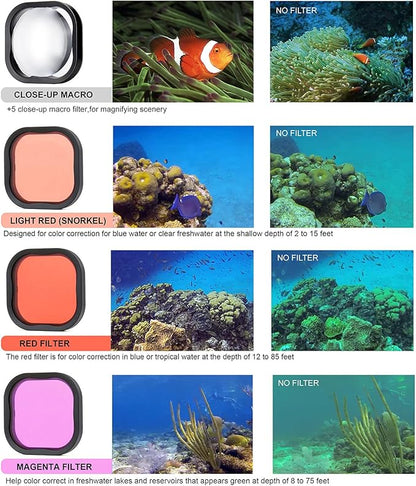 SOONSUN Waterproof Case with Dive Filters for GoPro Hero 13/12 / 11/10 / 9 Black, 196 Feet Underwater Protective Dive Housing Case with Red, Light Red, Magenta, 5X Close-up Macro Filters