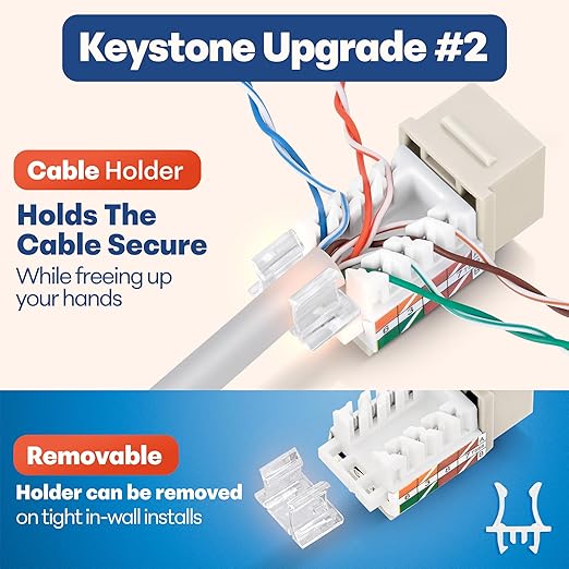 Everest 45° Angled RJ45 Cat6 Keystone Jacks 50-Pack in Light Almond - Slim Profile Female RJ45 Connectors - Cat 6 Keystone Jack - Compatible with 45° Angled Speed Termination Tool - 45Term
