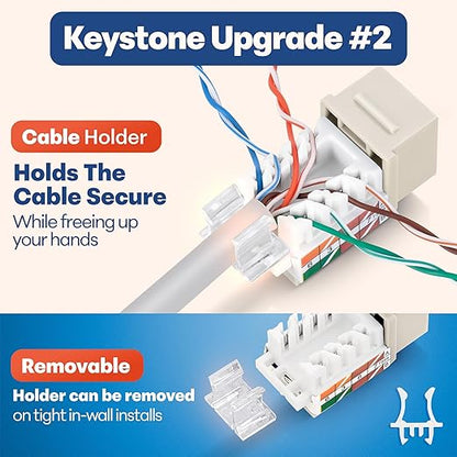 Everest 45° Angled RJ45 Cat6 Keystone Jacks 50-Pack in Light Almond - Slim Profile Female RJ45 Connectors - Cat 6 Keystone Jack - Compatible with 45° Angled Speed Termination Tool - 45Term