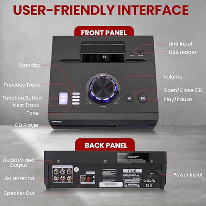 Pyle Home Stereo Shelf System - 100W Wireless BT Streaming with CD Player, FM Radio, USB & SD Card Playback, 2-Way Music Crisp-Sound, Remote Control, Dual Stereo Speakers (Black)
