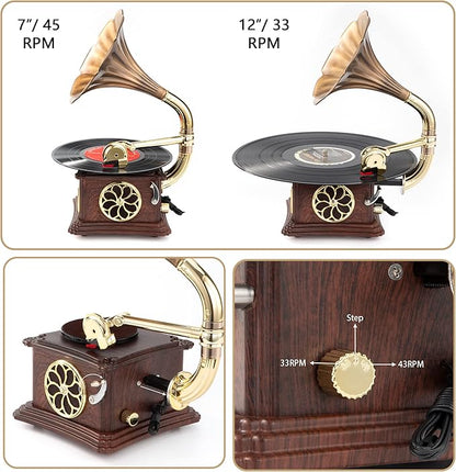 Vintage Style Wooden Record Player with Bluetooth, USB, AUX, FM Radio and Built-in Speakers (109HJ-1)