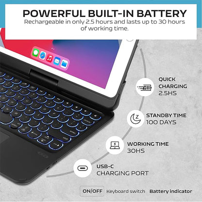 QUARK Keyboard Case for iPad Pro 9.7 inch 6th Gen / 5th Gen, 360° Rotatable Wireless Keyboard Case for iPad Air 2 & Air 1 with Multi-Touch Trackpad, Thin & Light, 7 Color Backlit (Black)