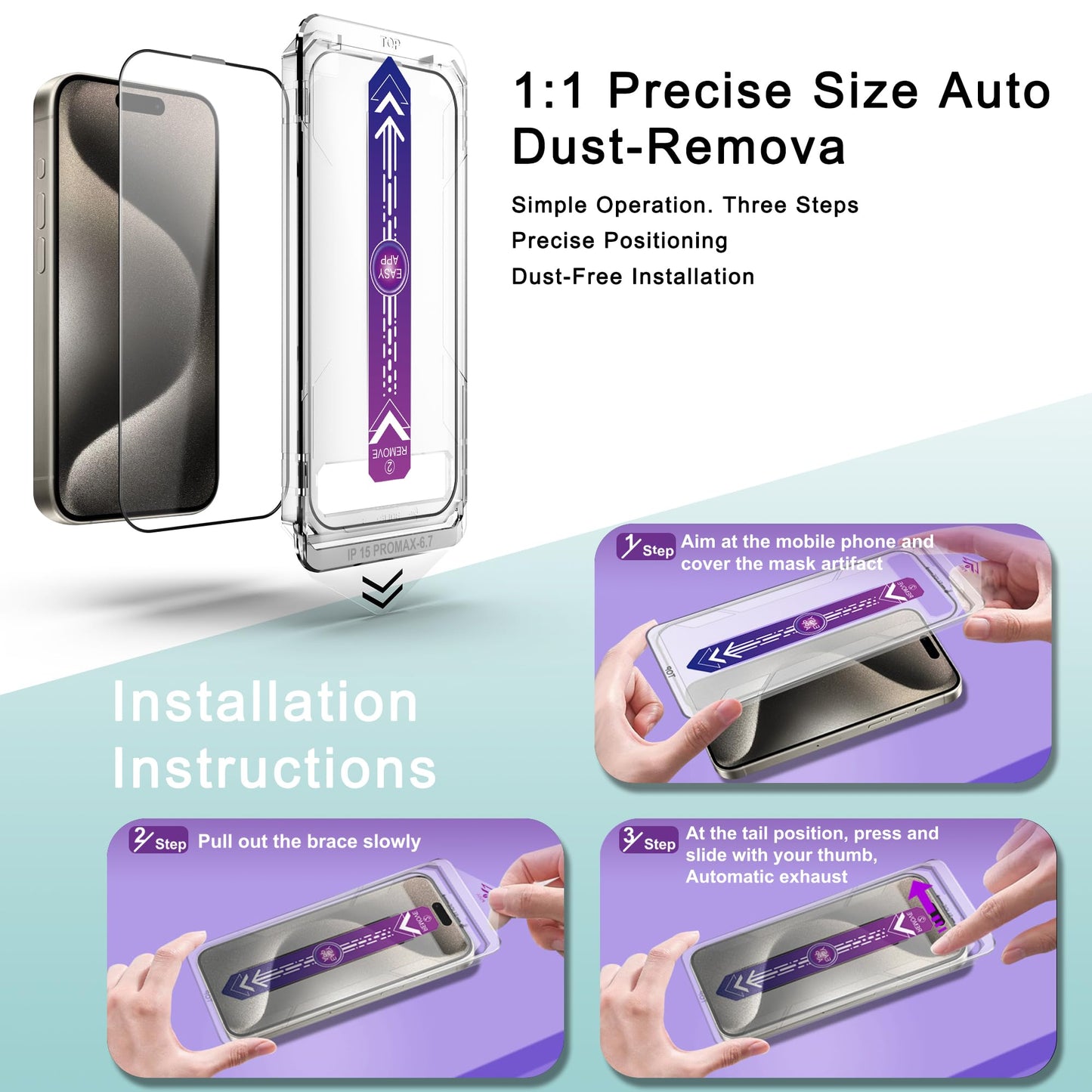 SHANG PIN JIA 2 Pack Screen Protector Tempered Glass for iPhone 15 Pro Max 6.7-Inch Auto Dust Removal, No Bubbles, High Definition Clear, Easy Installation